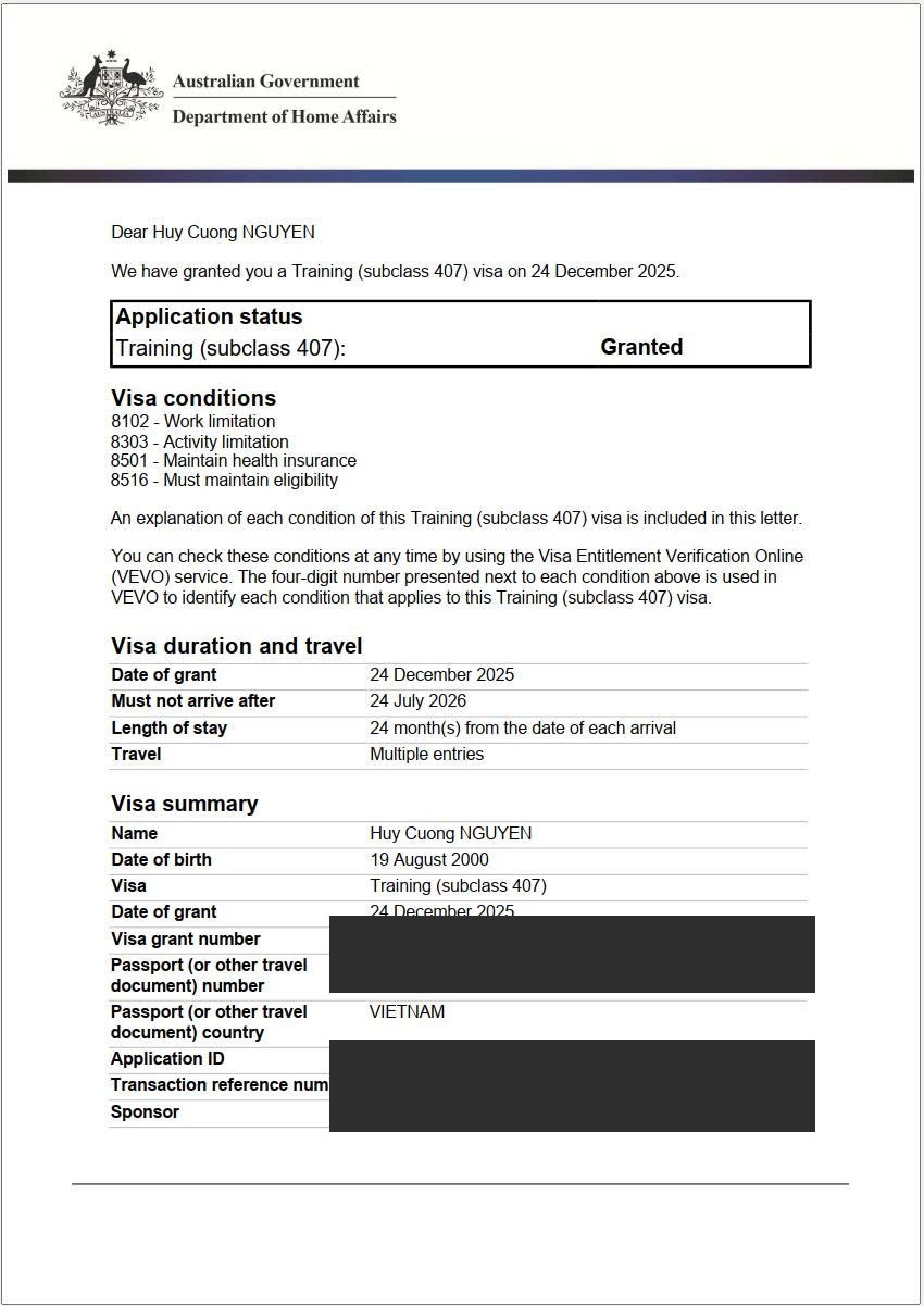Visa 407 Úc đã duyệt