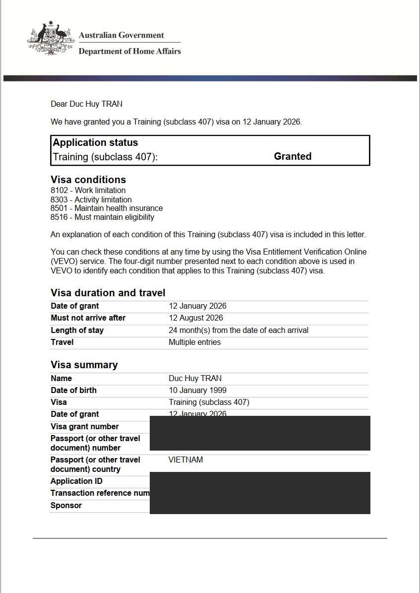 Visa 407 Úc đã duyệt